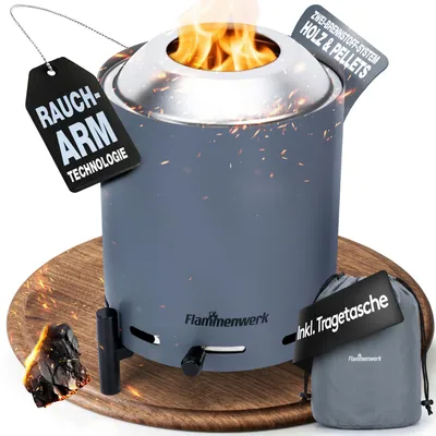 Produktbild von Raucharmes Tischfeuer, Tischkamin Outdoor für Pellets & Holz – Outdoor-Tischfeuer 360° Luftregulierung– Perfekt für Balkon, Terrasse & Camping