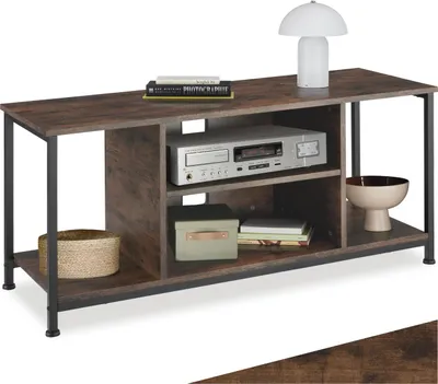 A TV stand with electronic equipment and decorative items.