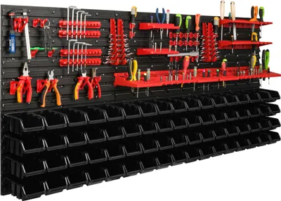 Produktbild von Lagersystem Werkstattregal | 172 x 78 cm | 68 stck. Box | Wandregal mit Werkzeughalterungen und Stapelboxen - Wandplatten Extra Starke Schüttenregal Warkzeuglochwand Lagerregal Garage Regal