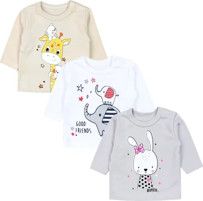 Produktbild von TupTam Uni Baby Langarmshirt mit Spruch Aufdruck 3er Set, Farbe: Kaninchen Grau Giraffe Beige Elefant Weiß, Größe: 56