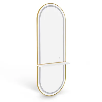 Produktbild von Wandspiegel mit Beleuchtung, Ganzkörperspiegel mit Aluminiumrahmen, Großer Spiegel mit Ablage, Touch-Schalter, 3 Lichtfarben Dimmbar, J6270 Weiß-Gold