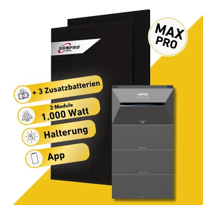 Produktbild von Balkonstrom Balkonkraftwerk 1000W Solaranlage mit Speicher | 3xZusatzspeicher | Balkonhalterung | 2xSolarmodul Bifazial | Anker Solix 3 Pro |Kabel 15m