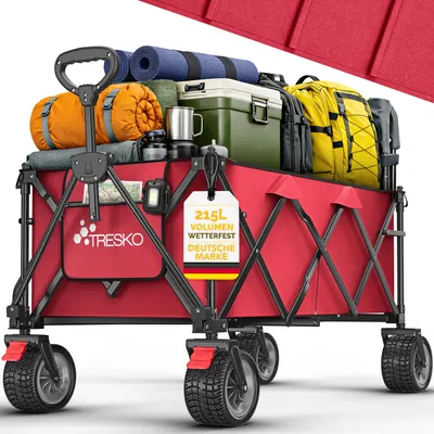 Produktbild von TRESKO® Bollerwagen faltbar 215L mit Bremse | Handwagen klappbar 150kg inkl. Vollgummireifen | Faltbarer Strandwagen Extra Breite All-Terrain-Räder | Transportwagen mit Tragetasche