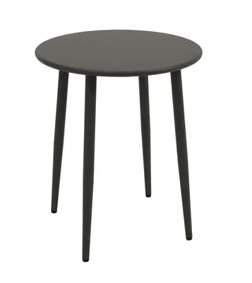 A dark gray round table with three legs on a white background.
