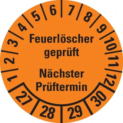Produktbild von Dreifke® Prüfplakette Feuerlöscher ,NP,27-30,orange,Dokufolie,Ø 30mm,1...
