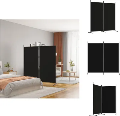A bedroom scene with a black room divider set up to separate the sleeping area from the rest of the room. The room divider is also shown in separate product shots.