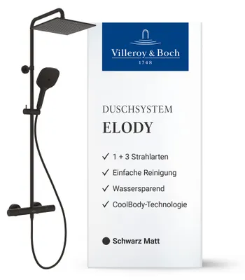Produktbild von Villeroy & Boch Elody Duschsystem, wassersparendes Komplettset – Schwarz Matt