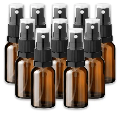 Produktbild von 10x Braune Glasflasche 15 ml mit schwarzem Zerstäuber Pumpspray leer