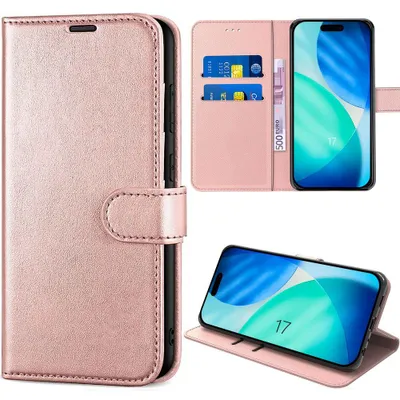 Image de Coque pour iPhone 17, Protection Flip Case Antichoc Anti-Rayures Antichoc Effet Cuir Rose