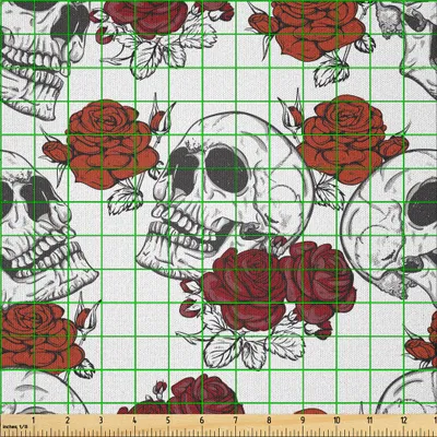 Image de ABAKUHAUS Tissu microfibre à motifs de crânes vendu au mètre, motifs rétro gothiques de squelettes avec roses, thème Halloween, fantomatique, psychédélique, romantique, 1 m (230 x 100 cm), gris