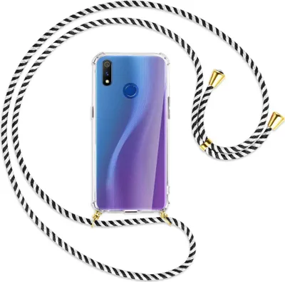 Produktbild von Handykette Backcover-Schutzhülle mit Band (Metall goldfarben) für Realme 3 Pro (X Lite) - schwarz/weiß gestreift
