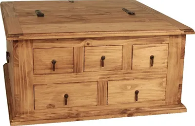 A wooden chest table with multiple drawers.
