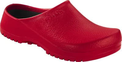 A single red Birkenstock Super Birki shoe shown from a side-diagonal angle.