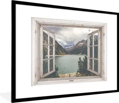 Produktbild von MuchoWow® Gerahmtes Poster Aussicht - Berg - Wasser 80x60 cm - Poster mit Schwarzem Bilderrahmen Wandposter Rahmen Foto Bilder - Schlafzimmer-Dekorationen - Fotoposter