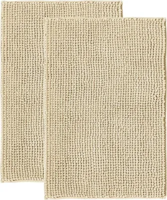 Zdjęcie produktu dla Mata antypoślizgowa z miękkiego materiału chenille, 50x80 cm - wyjątkowo chłonna, można prać w pralce, kolor beżowy - idealna do łazienki, pod prysznic, przy toalecie, zestaw 2 sztuk