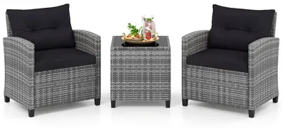 Produktbild von COSTWAY Gartenmöbel Set Polyrattan, 3-tlg. Balkonmöbel inkl. 2 Sessel, Kissen & Tisch mit gehärteter Glasplatte, Sitzgruppe wetterfest 2 Personen