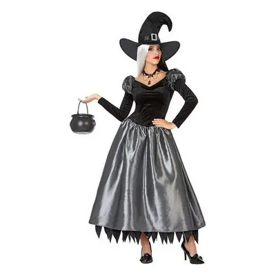 A woman dressed as a witch, holding a cauldron.