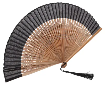 Image de Éventail – Pliable, en bambou et en tissu – Avec pompon – Noir – 28 cm