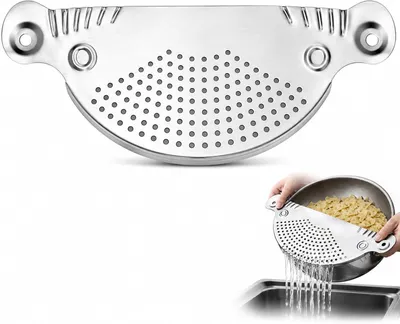 Produktbild von Abgießhilfe aus Edelstahl, Nudelsieb und Abtropfsieb für Töpfe bis 33 cm Ø, flach und platzsparend, für Pasta, Kartoffeln und Gemüse, spülmaschinengeeignet
