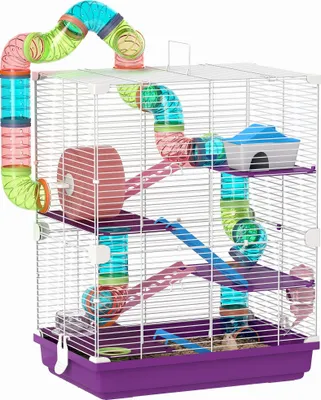Image de PawHut Cage pour hamster rongeur 5 étages avec tunnels mangeoire roue maison échelles dim. 46L x 30l x 58H cm violet