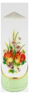 Produktbild von Osterkerze Stumpenkerze Osterdeko 6 x 18 cm mit farbigen Wachs- und Bildauflagen Auswahl Motiv + Farbe grün