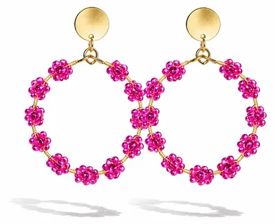 Produktbild von Ohrhänger Kreis Pink Blumen  Kreolen Ohrringe Groß Yehwang