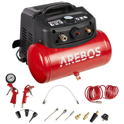 Produktbild von Sprężarka powietrza AREBOS 6L Sprężarka 1200W 8 bar 180 l/min wydajność zasysania | zawiera 13-częściowy zestaw narzędzi pneumatycznych | automatyczne wyłączanie | bezolejowa