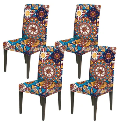 Productafbeelding van 4 stuks elastische stoelhoes, universeel, boheems design, bedrukt, stretch stoelhoes, zitovertrek