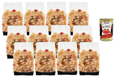 Produktbild von Italian Gourmet Calamarata Nr. 20-2 Pasta di Gragnano IGP 12 x 500 g Hartweizengrieß-Pasta aus Italien Bronzegezogen Langsam getrocknet Familienvorrat + Italian Gourmet Polpa