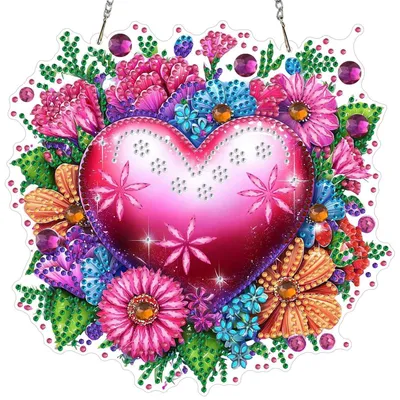 Immagine prodotto di Ciondolo "Diamond Painting" a forma di cuore, ideale per San Valentino, decorazioni per finestre, adatto a adulti e bambini. Motivo floreale, tecnica 5D. Ornamento da appendere, kit per il fai-da-te, decorazione per porte, pareti e finestre. Codice prodotto: LS003