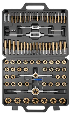 Produktbild von Gewindeschneider-Set - 86-teilig - Gewindebohrer- und Schneideisen-Satz - Metrisch M3–M12 - SAE Nr. 4–1,59 cm - Grob- und Feingewinde - Mit Tragekoffer