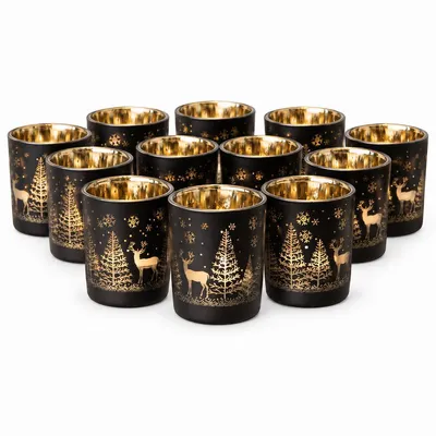 Produktbild von 12er Set Teelichthalter Weihnachten Glas Windlicht Weihnachten Teelichtgläser Teelichtglas Kerzengläser Weihnachtsdeko Teelicht Weihnachts Windlichter Glas Deko