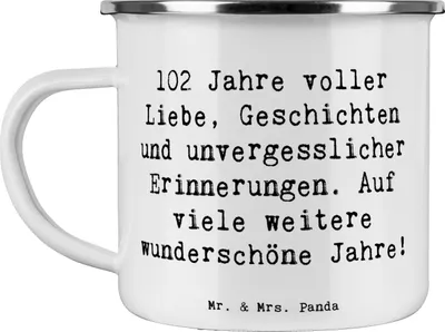 Produktbild von Mr. & Mrs. Panda Teetasse Spruch 102. Geburtstag - Weiß - Geschenk, Emaille Becher, Teebecher, magische Augenblicke, Happy Birthday, Pott, Alter, blechbecher, Haferl