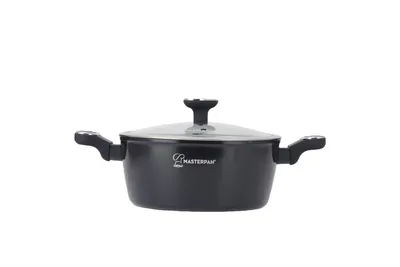 A black pot with a glass lid and silver handles is shown against a white background.