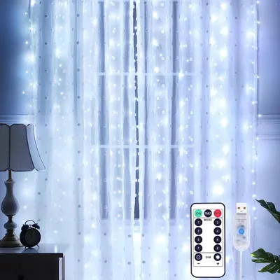 LED-Lichtgordijn 3x3 m, 300 LEDs, kaltweiß, IP65, 8 Modi, Fernbedienung