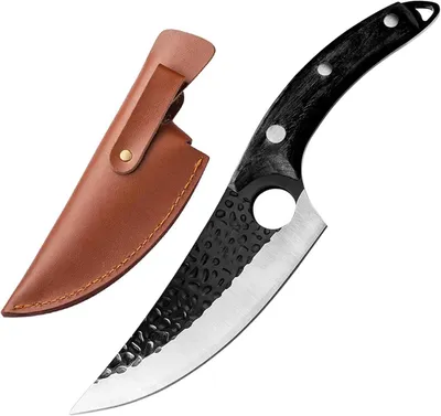Image de Couteau de cuisine forgé à la main - Couteau à viande - Acier au carbone - Pour une utilisation en cuisine ou en extérieur - Idéal pour couper et hacher - Livré avec un étui en cuir
