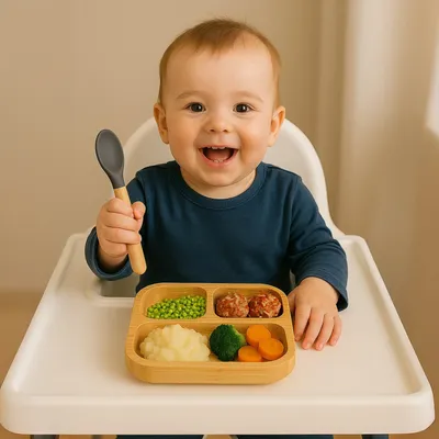 Immagine prodotto di Piatto per bambini in bambù con cucchiaio - antiscivolo, 3 scomparti