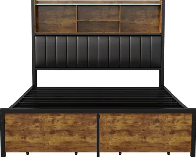 Produktbild von CDGlobal Polsterbett Metallbett 160x200cm mit Schubladen, LED-Beleuchtung, USB & Stauraum Kopfteil, Doppelbett Bettgestell mit Lattenrost aus Metallrahmen, Stauraumbetten, Jugendbett, Grau