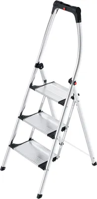Produktbild von Hailo K100 Topline Alu-Klapptritt-Leiter - 3 extra große Stufen bis 150kg - Komfort-Trittleiter mit hochgeschwungenem Sicherheitsbügel & Ablageschale - Füße mit Soft-Grip-Sohle - rostfrei - Silber