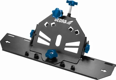 A black metal angle grinder accessory with blue knobs is shown against a white background.