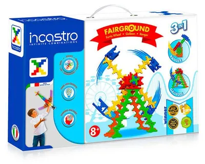 Zdjęcie produktu dla Klocki konstrukcyjne Incastro Fairground – zestaw 3 w 1, 150 elementów (tworzywo ABS, 5 kolorów, elementy 3,5 cm) – diabelski młyn, galeon i łódź patrolowa – certyfikaty CE i EN-71, od 4 lat