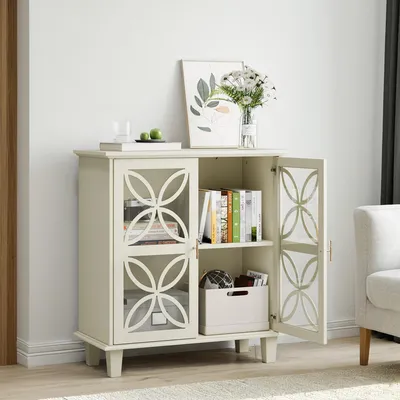 Produktbild von Creme-Sideboard Retro Kommode mit Hartglastüren verstellbaren Böden Massivholzbeinen Küchenkonsolentisch Kaffeebar Anrichte Küchenschrank Kippschutz M