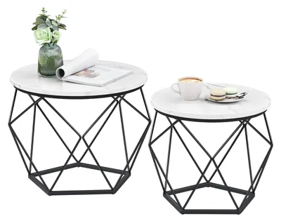 Produktbild von Set aus 2 Beistelltischen, Marmorlook und Metall, Vintage Rund Design, 50x40x40 cm, Weiß/Schwarz