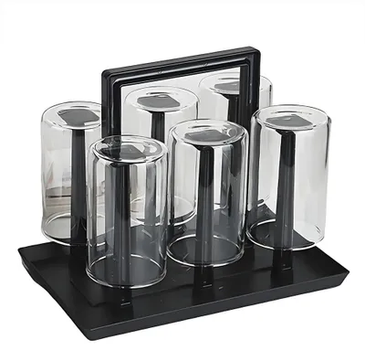 Image de Porte-bouteilles, porte-bouteilles pliable, porte-bouteilles pour 6 bouteilles avec bac d'égouttage, porte-bouteilles en plastique pour différentes bouteilles et gobelets