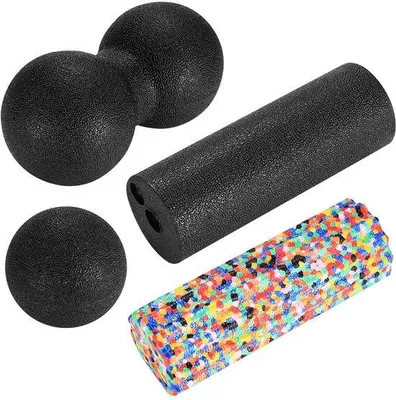 Produktbild von Unyqoos® Faszien-Massage-Set (EPP) – 8 cm Massageball, 5,3×15 cm Kompaktrolle, 8×16 cm Erdnuss-Faszienball & 5×15 cm Camouflage-Rolle für Muskelregeneration