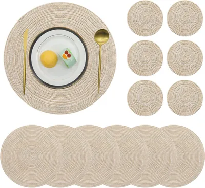Obrázek produktu pro Sada 6 kulatých tkaných prostírání a podtácků, žáruvzdorné, omyvatelné, protiskluzové, do jídelny, kuchyně, na svatbu, na párty