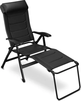Produktbild von ELONEO Campingstuhl faltbar mit abnehmbarer Beinauflage, Klappstuhl gepolstert aus Aluminium, Gartenstuhl klappbar, Liegestuhl mit verstellbarer Rückenlehne, Camping Chair schwarz gepolstert