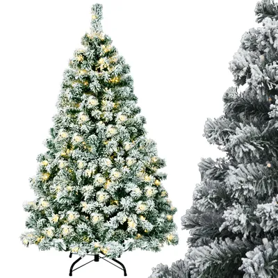 A flocked artificial Christmas tree with warm white LED lights and a black metal stand, shown against a white background. A close-up of another flocked Christmas tree is visible on the right side of the image.