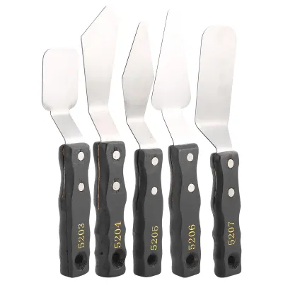 Produktbild von 5 Stück Palettenmesser Set, schwarzer Holzgriff, Edelstahl, ideal für Öl- und Acrylfarbe, Künstlerbedarf und Malwerkzeuge