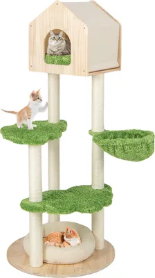 A multi-level cat tree with several platforms, scratching posts, and a small house, occupied by three cats.